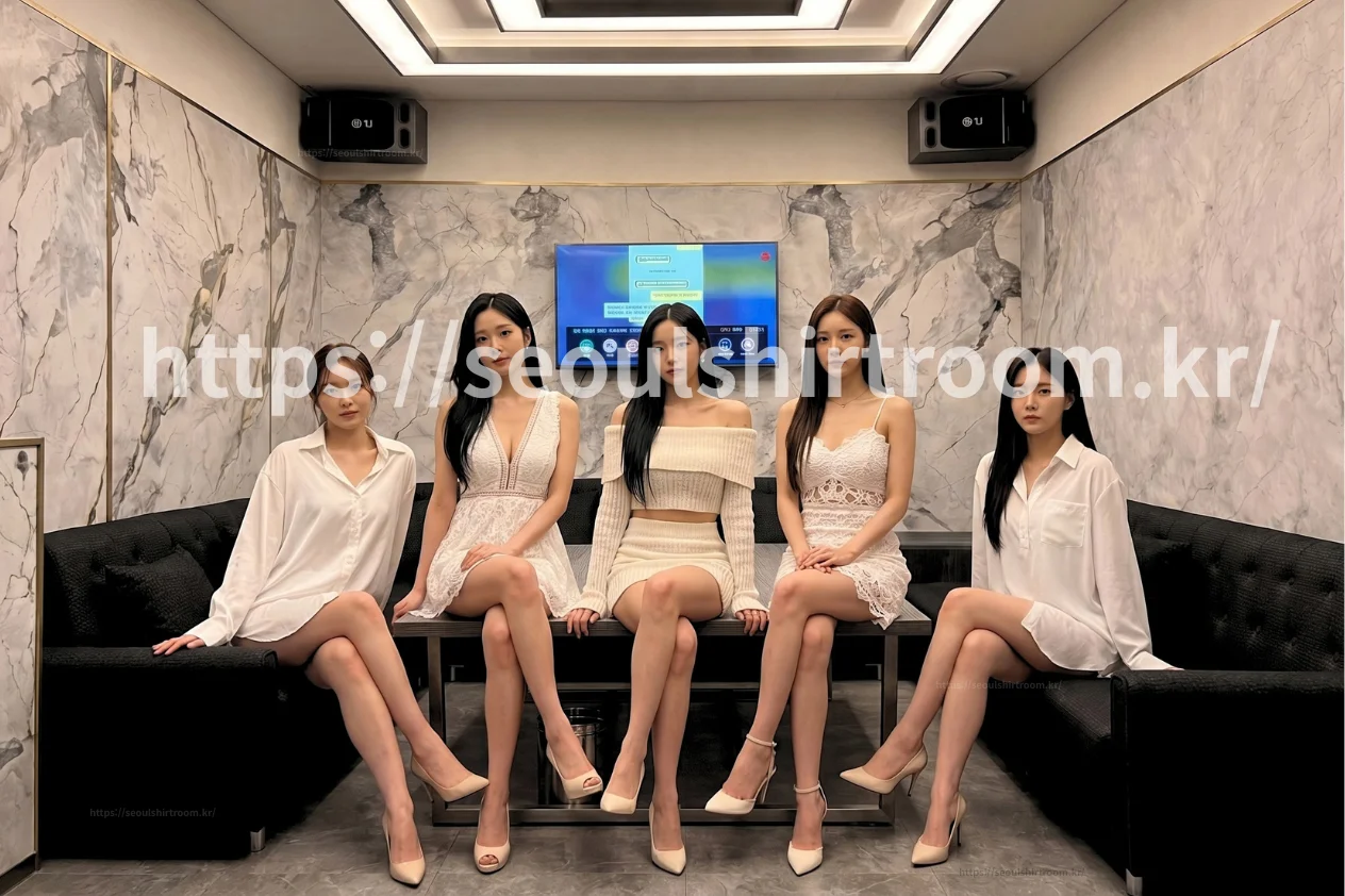 신림셔츠룸 대리석 인테리어 룸 소파에 앉아 있는 여성 스태프 5명